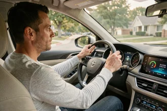 Conducteur adoptant une conduite souple et économique au volant d'une voiture moderne