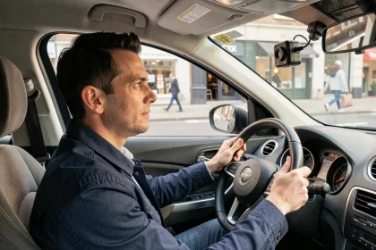Conducteur urbain installant une dashcam sur le pare-brise de sa voiture en ville