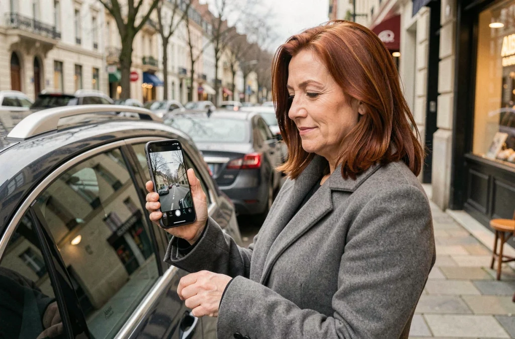 Conductrice consultant les enregistrements de sa dashcam sur smartphone en milieu urbain