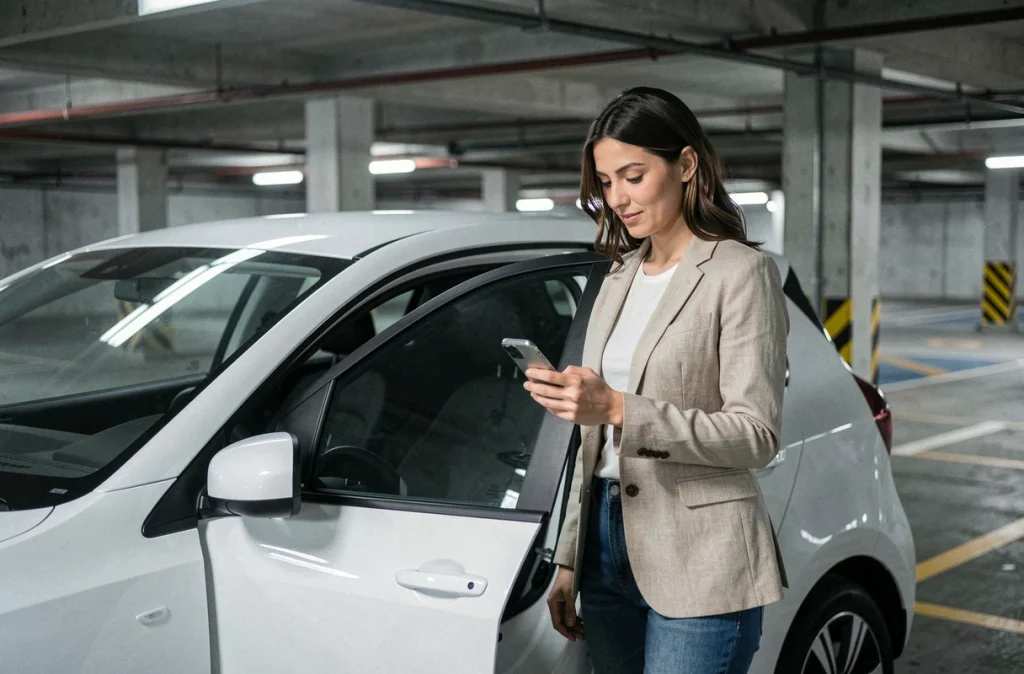 Femme à côté de sa voiture électrique compacte dans un parking urbain, consultant son smartphone
