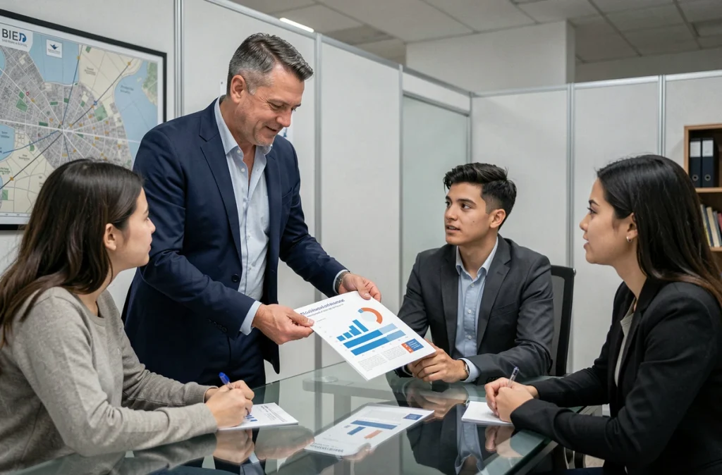 Agent immobilier conseillant un couple sur les avantages comparés de l'achat et de la location d'un logement principal