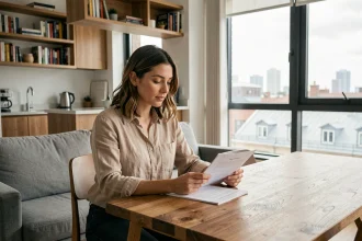 Femme signant un contrat de location meublée dans un appartement moderne en ville