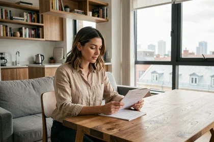 Femme signant un contrat de location meublée dans un appartement moderne en ville