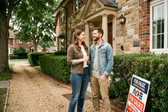 Couple devant leur maison nouvellement achetée tenant les clés, illustrant l'achat immobilier pour la résidence principale