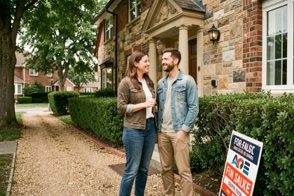 Couple devant leur maison nouvellement achetée tenant les clés, illustrant l'achat immobilier pour la résidence principale