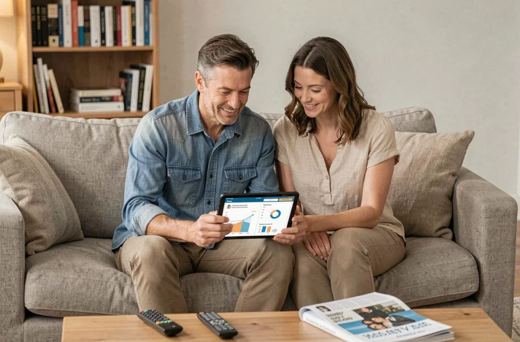 Couple consultant un tableau de budget familial sur une tablette dans le salon