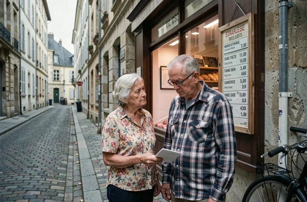 Un couple de retraités examine les prix chez un boucher, symbole de la pression de l'inflation sur les ménages âgés