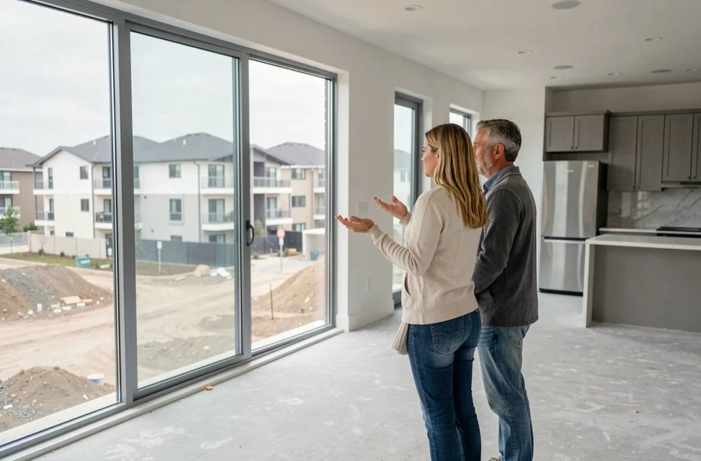 Couple visitant un appartement neuf livré dans le cadre d'un achat sur plan en immobilier