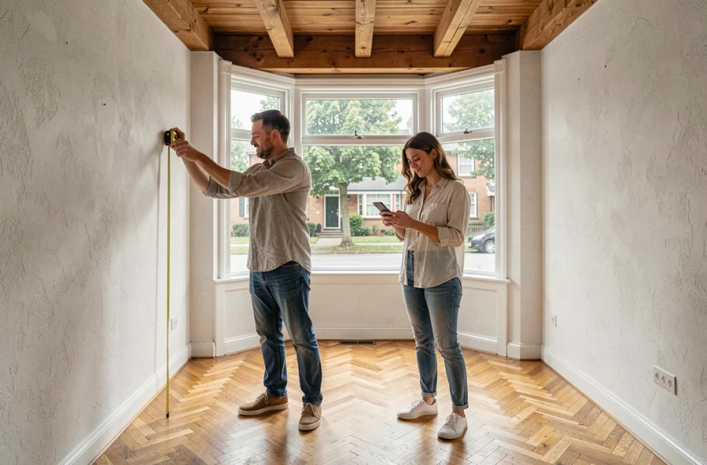 Couple en visite immobilière mesurant une pièce vide dans une maison lors d'une recherche de logement liée au télétravail