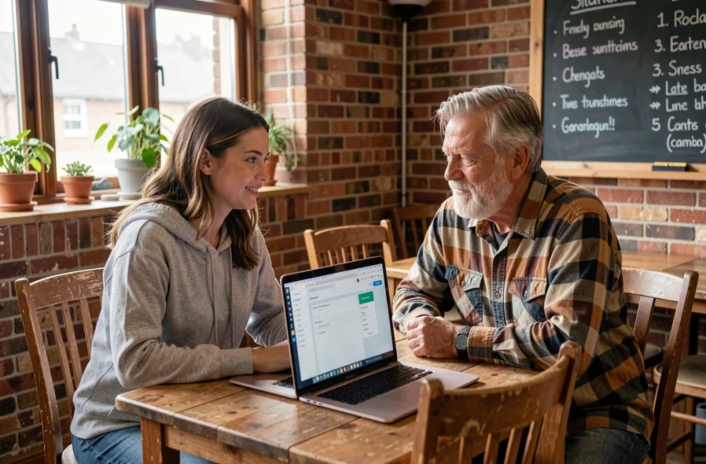 Deux entrepreneurs ruraux collaborant sur un outil numérique dans un espace de coworking aménagé dans une salle de village