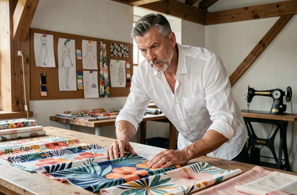 Créateur de mode masculin dans son atelier examinant des tissus à imprimés fleuris colorés sur une table en bois avec croquis de mode