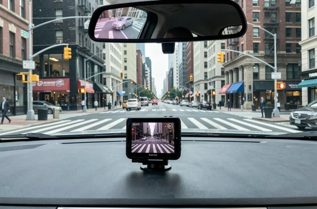 Dashcam fixée sur le pare-brise filmant une intersection urbaine animée