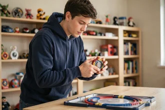 Jeune homme tenant un lanceur Beyblade Burst en position de lancement devant un stade Beyblade, guide débutant