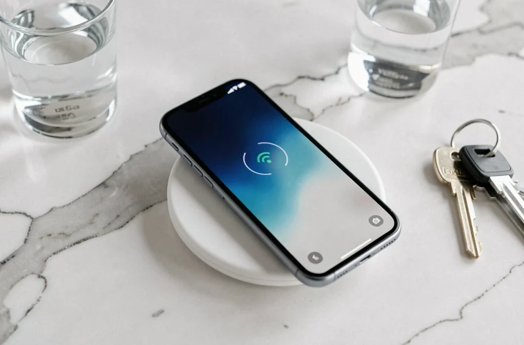 Gros plan d'un smartphone milieu de gamme en charge sans fil sur un comptoir en marbre blanc dans une cuisine moderne