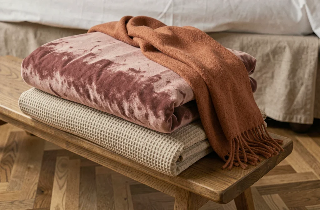 Détail de textiles empilés sur un banc en bois — velours, coton gaufré et cachemire pour une chambre cosy