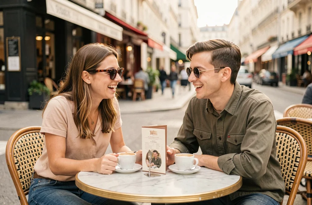 Deux jeunes adultes portant des lunettes de soleil rétro différentes et riant ensemble en terrasse de café