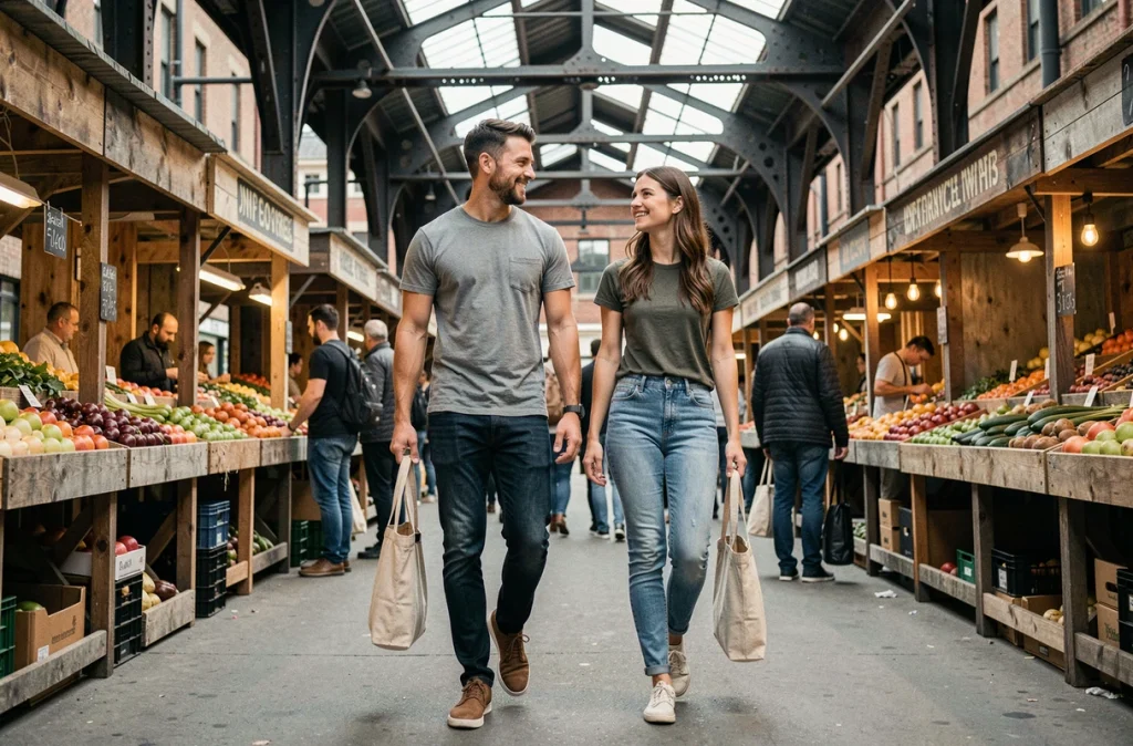 Deux amis en jeans bruts indigo différents se promenant dans un marché couvert urbain, style documentaire