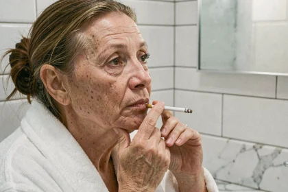 Femme de 52 ans examinant les effets du tabac sur sa peau vieillie devant un miroir de salle de bain, tenant une cigarette non allumée