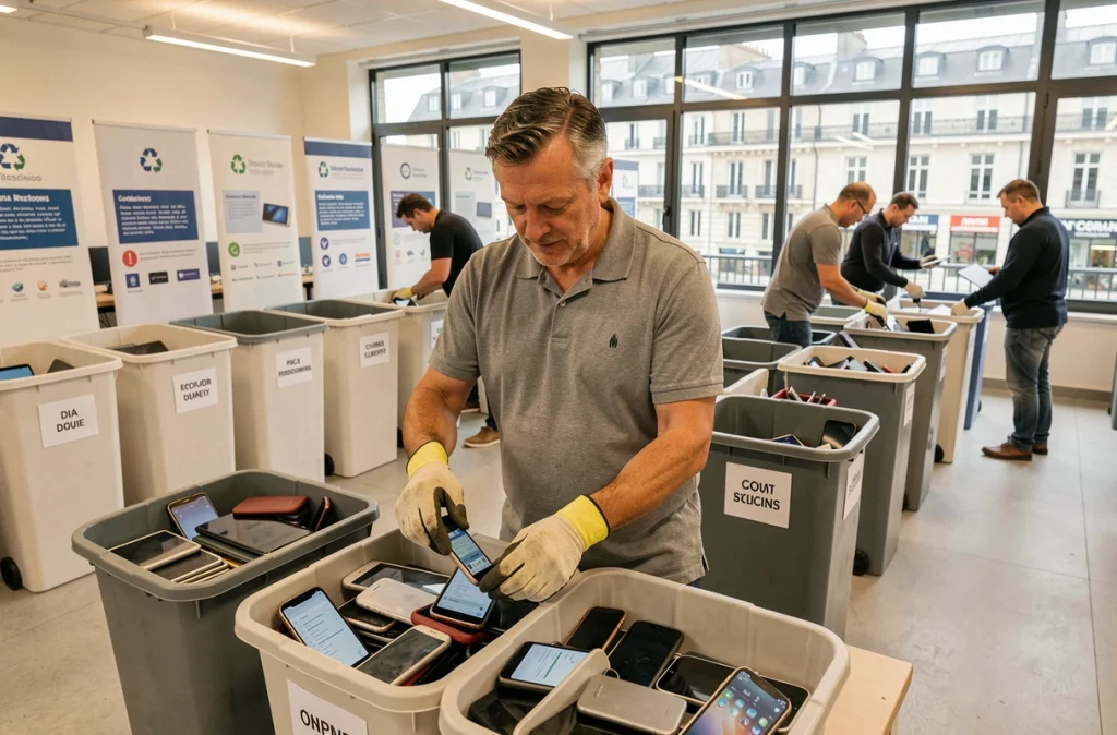 Employé triant des smartphones usagés dans un point de collecte de recyclage numérique en entreprise