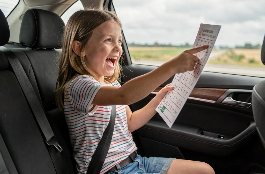 Petite fille jouant au bingo de voyage dans une voiture familiale sur l'autoroute