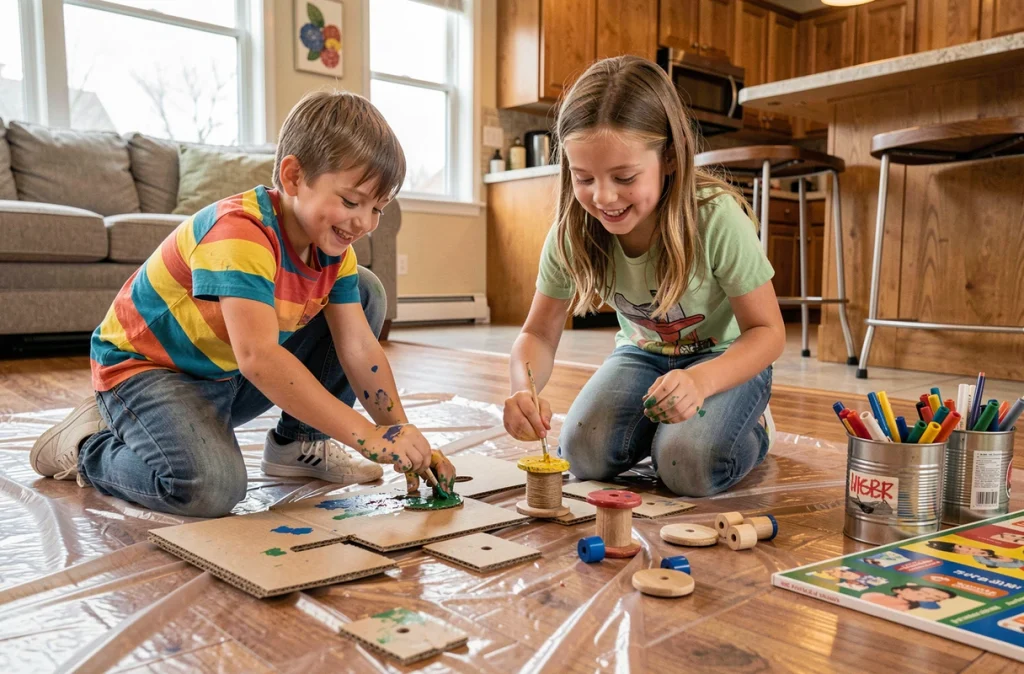 Deux enfants peignant des pièces de jeu de société fabriquées à partir de matériaux recyclés comme des bobines en bois et du carton