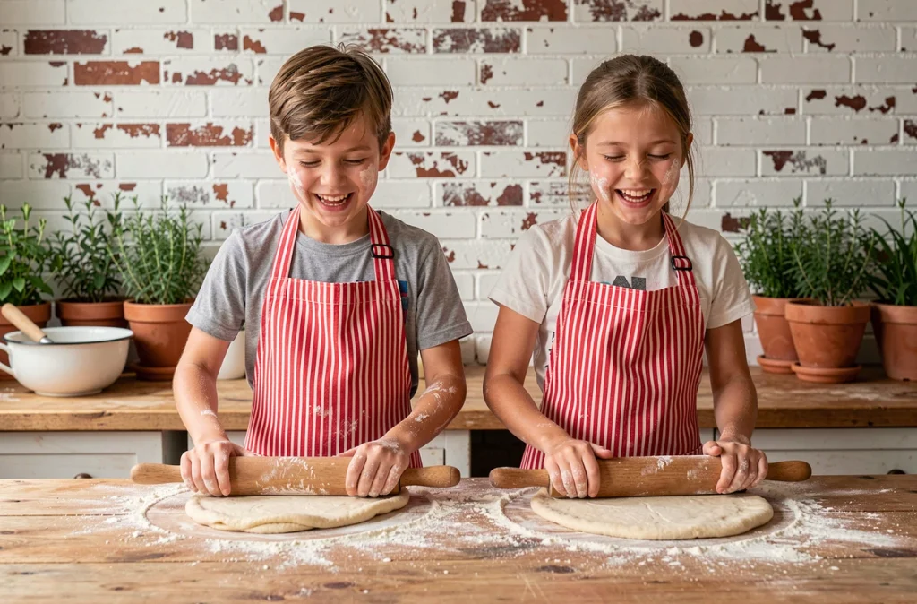 Deux enfants riant en pétrissant la pâte à pizza sur un comptoir de cuisine rustique avec tabliers rayés