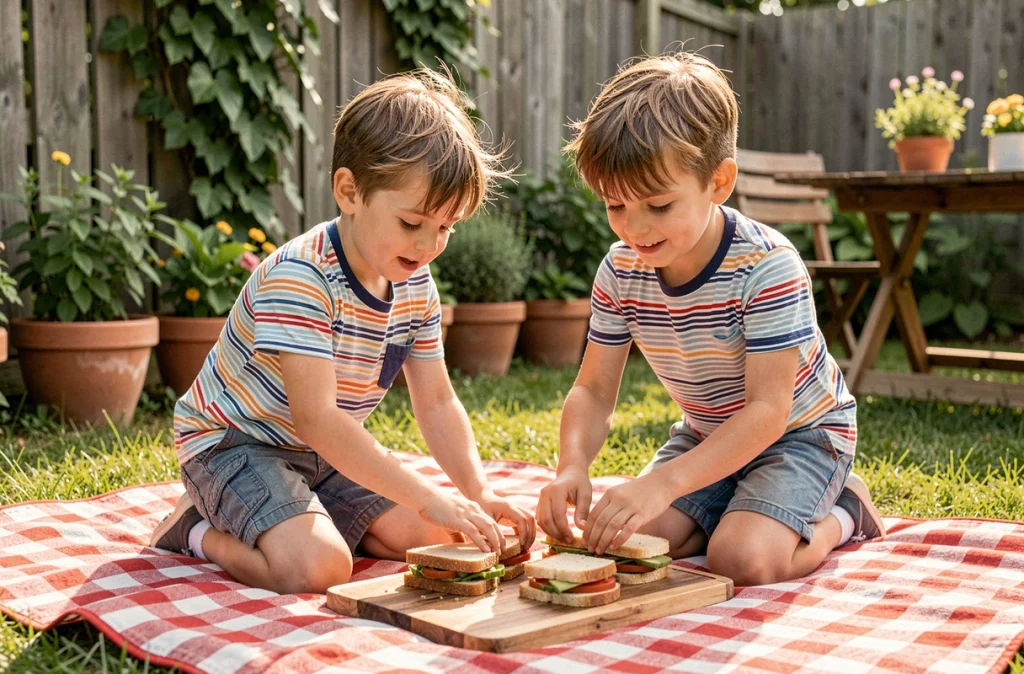 Deux jeunes garçons préparant des sandwichs sur une nappe à carreaux lors d'un pique-nique dans un jardin ensoleillé