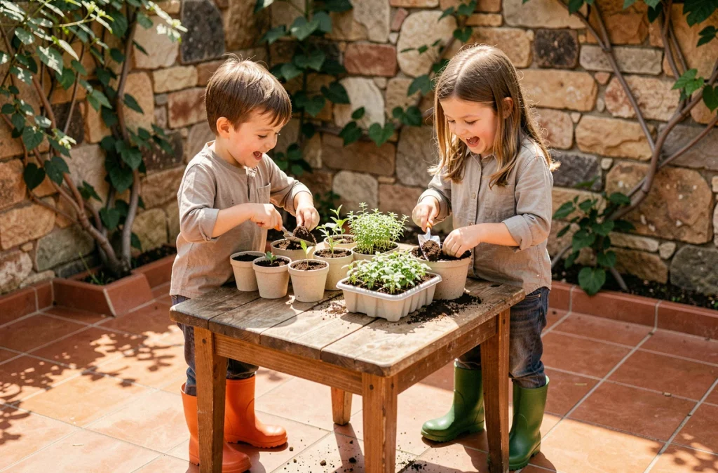 Deux enfants qui apprennent à semer des herbes aromatiques sur une terrasse avec des godets biodégradables