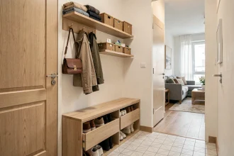 Entrée d'appartement moderne avec banc de rangement en bois, crochets muraux et paniers en osier pour une organisation fonctionnelle