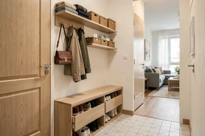 Entrée d'appartement moderne avec banc de rangement en bois, crochets muraux et paniers en osier pour une organisation fonctionnelle