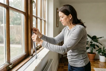 Femme appliquant un joint d'étanchéité sur un cadre de fenêtre en bois pour améliorer l'isolation thermique
