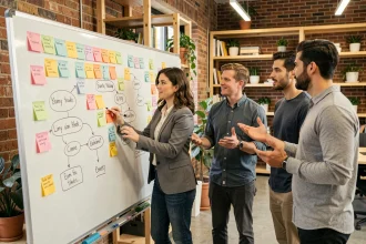 Équipe d'une start-up collaborant autour d'un tableau blanc avec des post-its lors d'une réunion agile en méthode Scrum