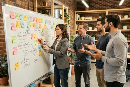 Équipe d'une start-up collaborant autour d'un tableau blanc avec des post-its lors d'une réunion agile en méthode Scrum