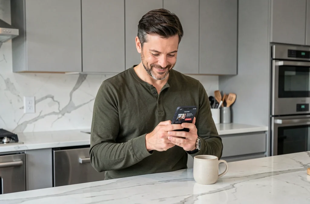 Homme découvrant un essai gratuit Canal+ sur son smartphone dans sa cuisine moderne