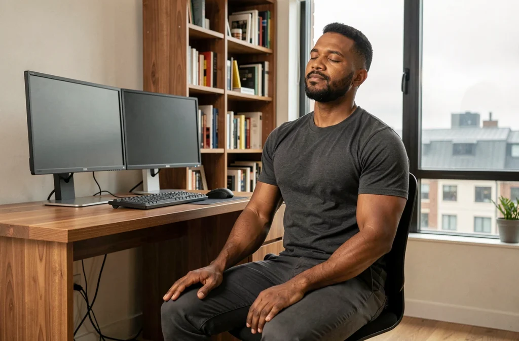 Homme effectuant un étirement dorsal préventif assis à son bureau à domicile pour soulager le mal de dos
