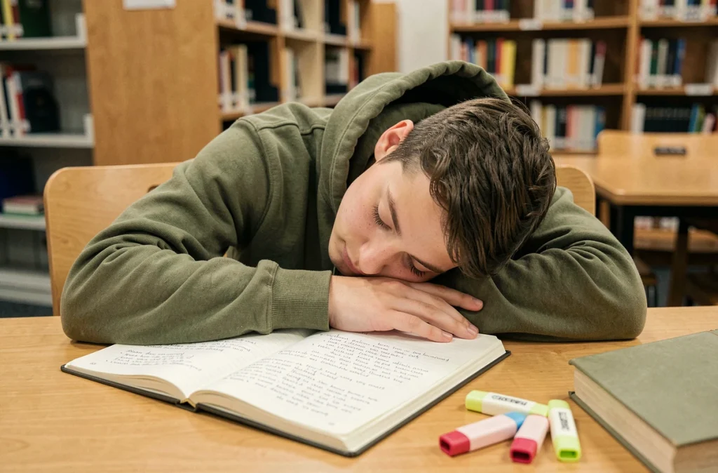 Étudiant endormi sur ses notes dans une bibliothèque universitaire, illustrant le lien entre le sommeil réparateur et la mémorisation lors des apprentissages