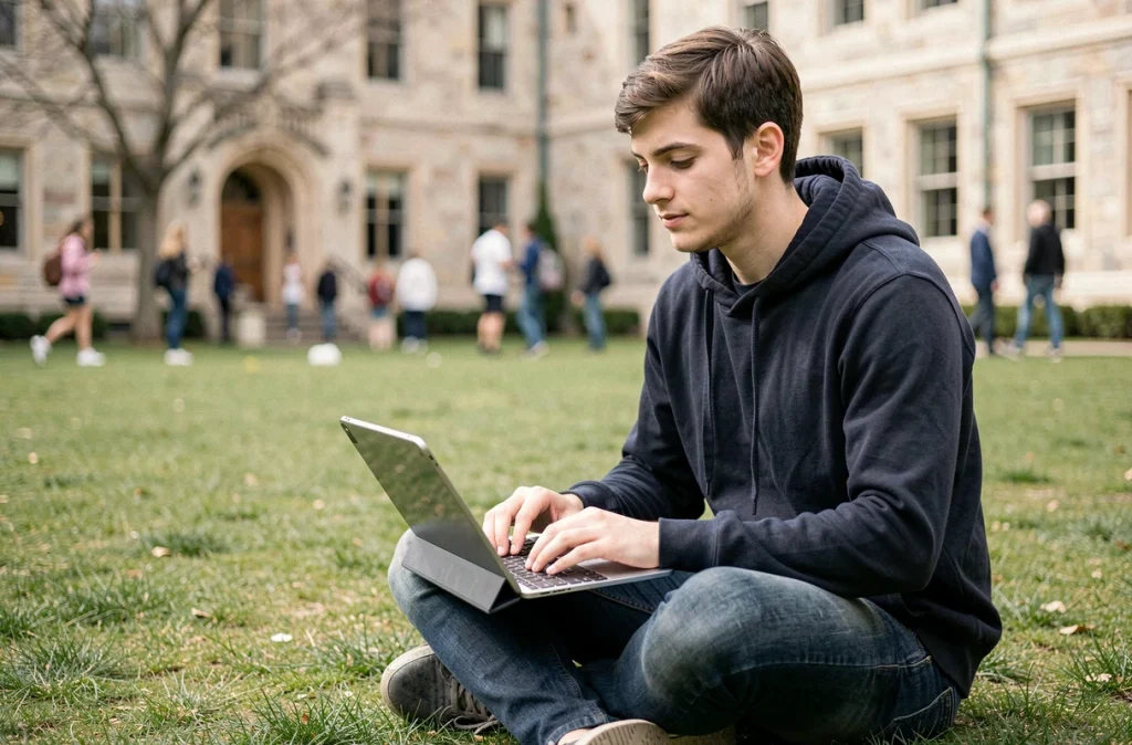 Étudiant utilisant une tablette hybride avec clavier détachable assis sur la pelouse d'un campus universitaire