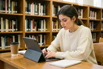 Étudiante prenant des notes sur une tablette hybride avec stylet dans une bibliothèque universitaire