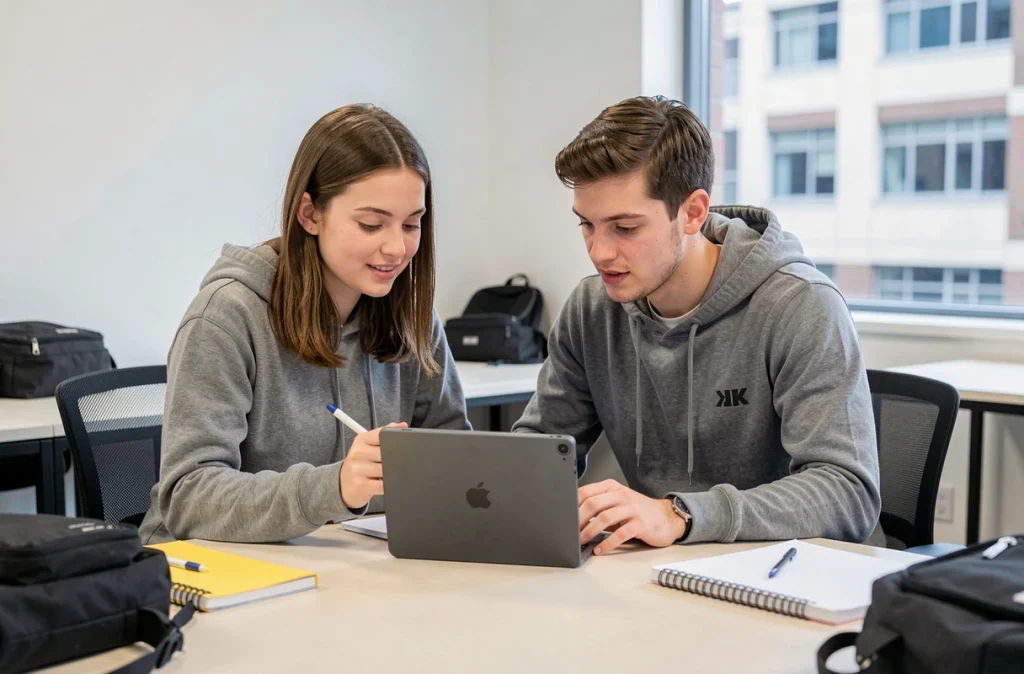 Deux étudiants collaborant sur une tablette hybride avec stylet dans une salle de travail universitaire moderne