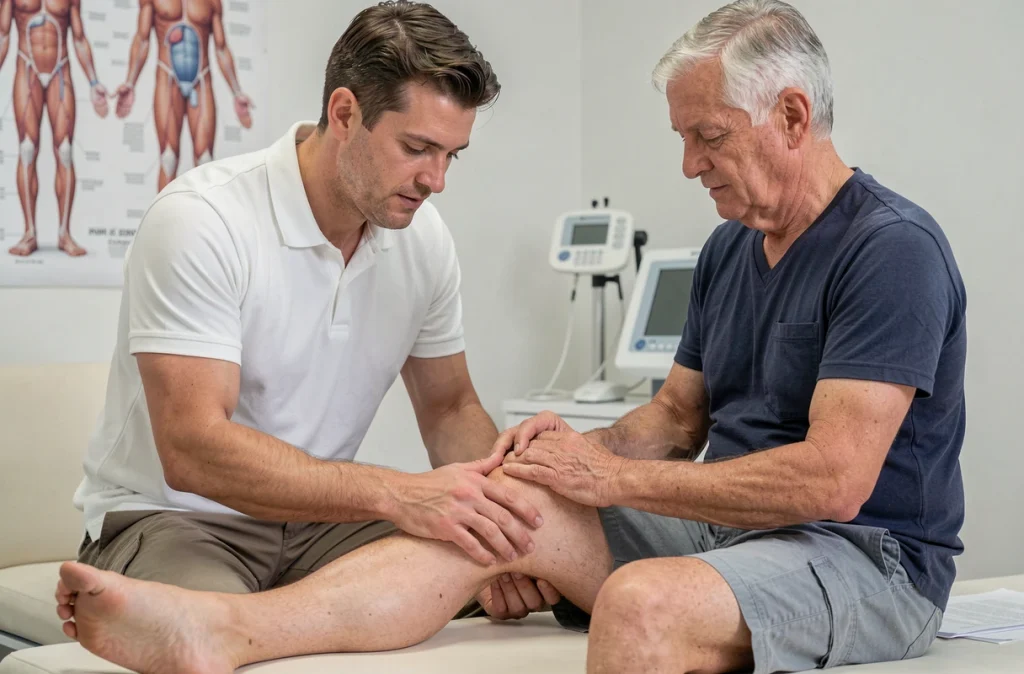 Kinésithérapeute examinant le genou d'un patient pour différencier douleur musculaire et articulaire
