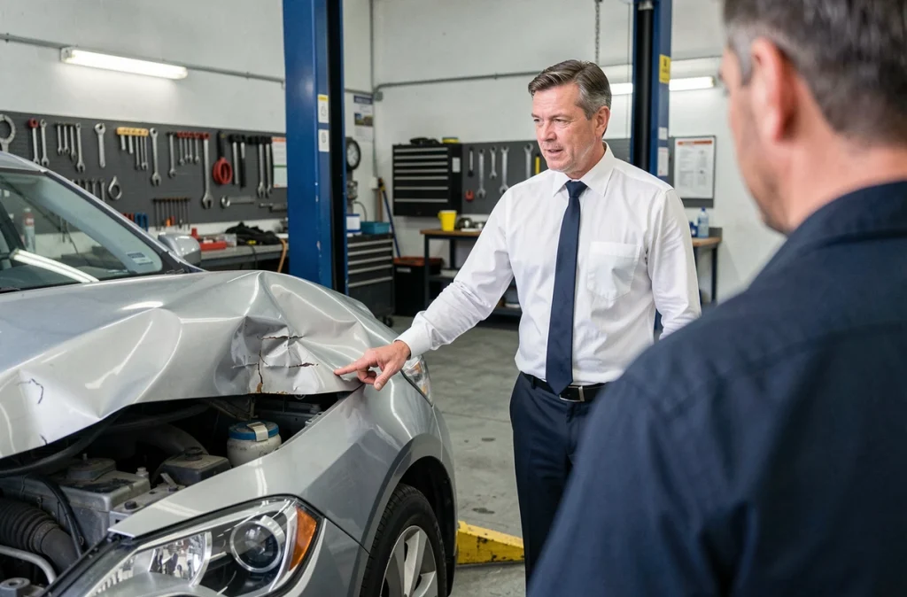 Expert en assurance inspectant les dommages d'un véhicule accidenté dans un garage automobile