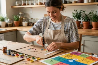Femme fabriquant un jeu de société maison avec des matériaux recyclés comme du carton et des capsules de bouteilles sur une table en bois