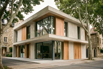 Façade d'une maison résidentielle moderne en France avec bardage bois et béton, grandes baies vitrées, architecture contemporaine en milieu périurbain