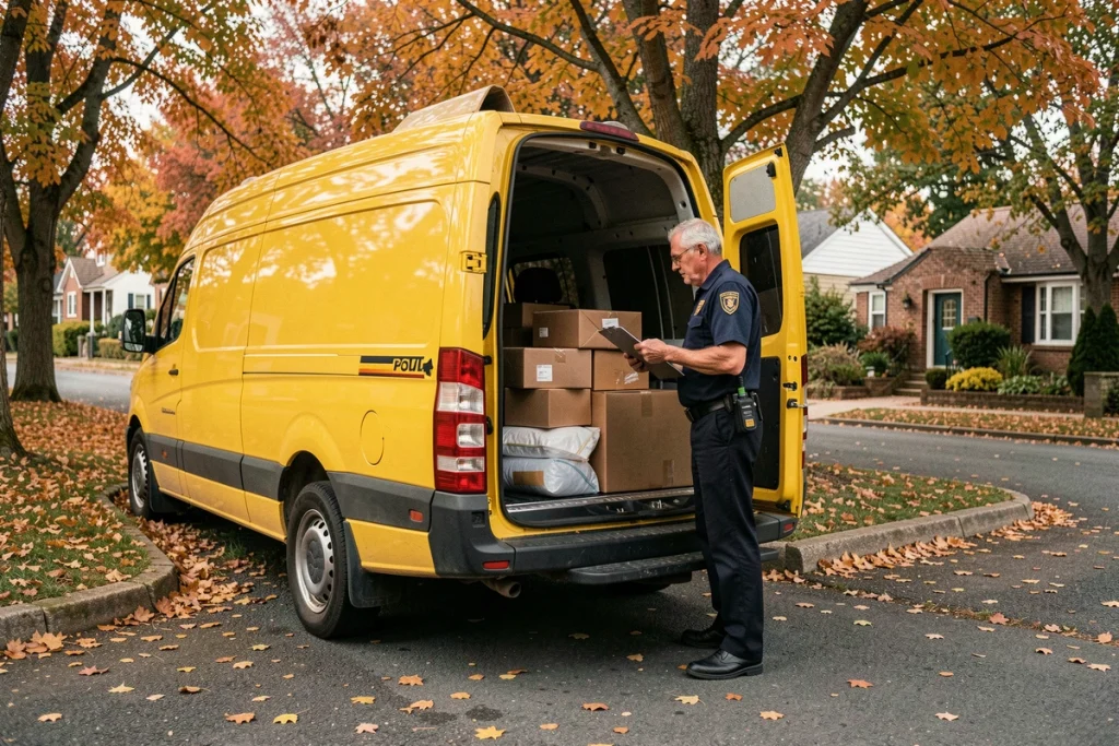Facteur déchargeant des colis d'une camionnette postale jaune dans une rue résidentielle en automne