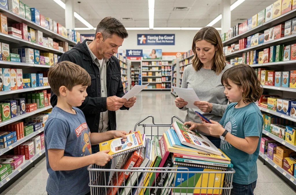Famille avec enfants faisant les courses de fournitures scolaires ensemble dans un supermarché
