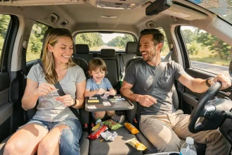Famille jouant à un jeu de cartes dans un SUV pendant un trajet en voiture sur une route de campagne