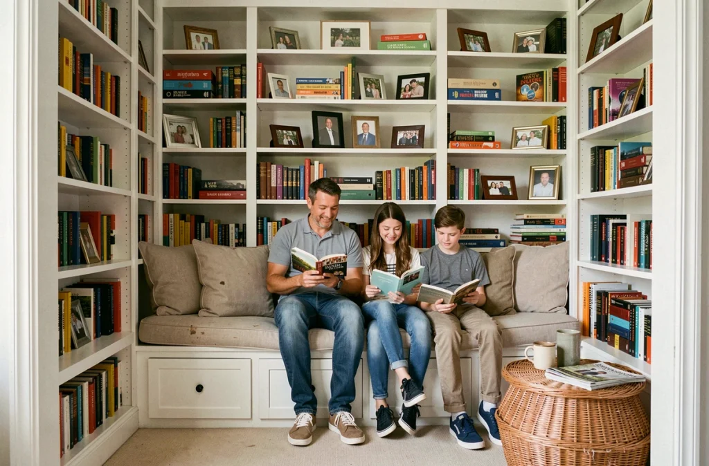 Famille lisant ensemble dans une bibliothèque domestique avec étagères murales du sol au plafond, banquette de rangement et ambiance chaleureuse