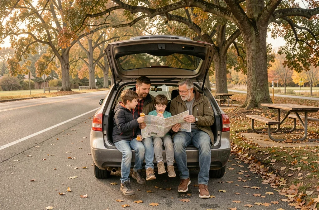 Famille faisant une pause sur l'aire de repos avec une carte routière pendant un voyage en voiture en automne
