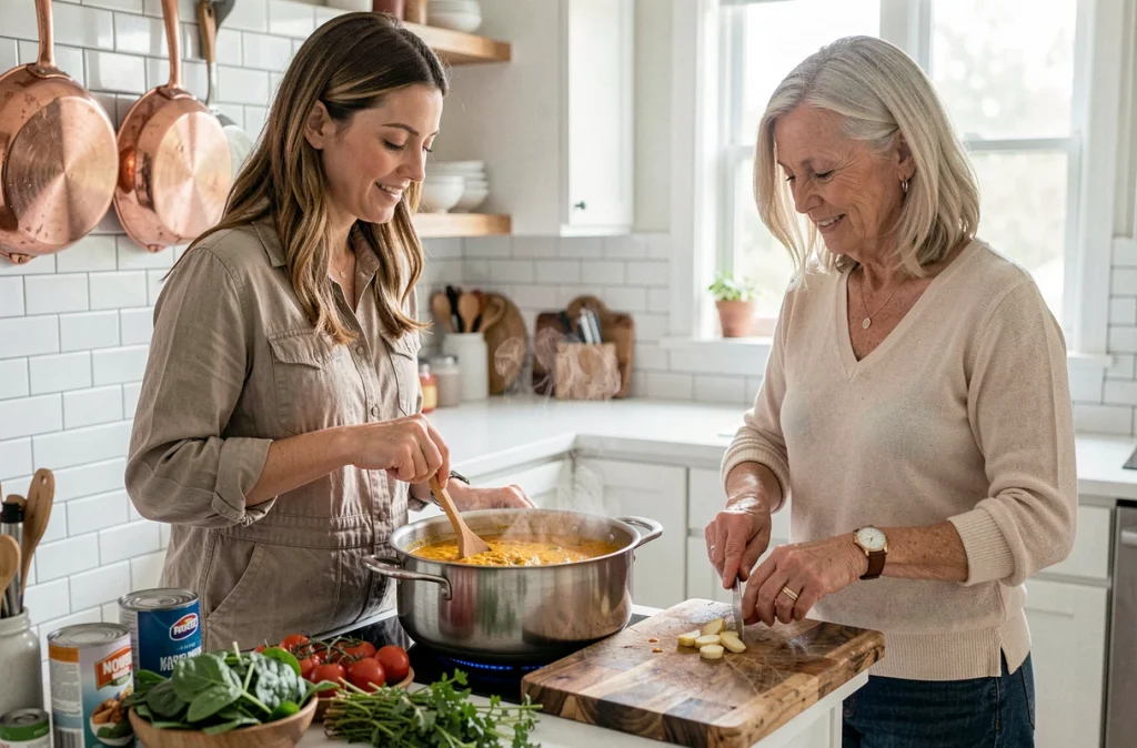 Mère et fille cuisinant ensemble une soupe dorée au curcuma et aux lentilles dans une cuisine familiale lumineuse, illustration de l'alimentation anti-inflammatoire au quotidien