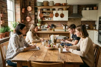 Deux familles en colocation partageant un repas autour d'une grande table en bois dans une cuisine commune chaleureuse